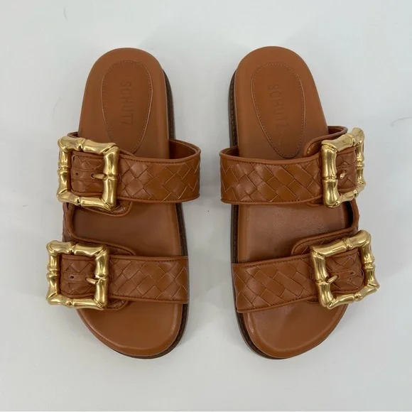 Schutz Enola Sporty Leather Brown Double Buckle Slip On Resortwear Sandals 7 - Picture 2 of 6
